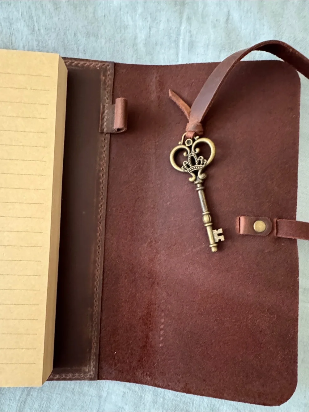 Genuine Brown Leather Handmade Refillable Journal with Key Charm “Bella” Unused